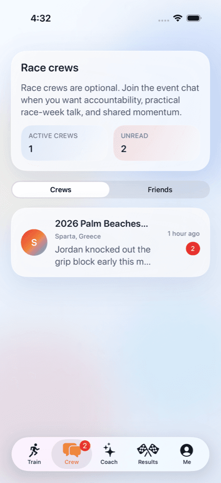 RaceReady crew screen showing race crews, unread activity, and bottom navigation.