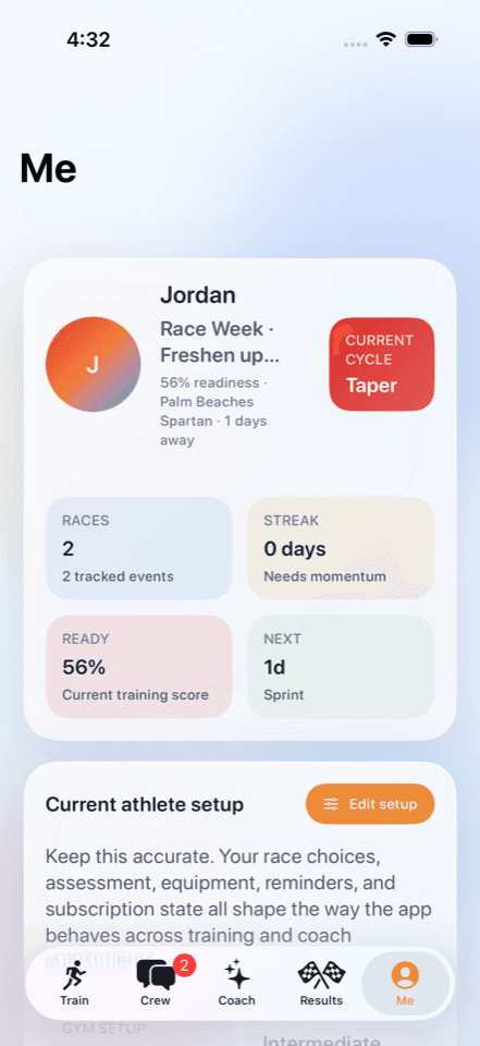 RaceReady profile screen showing current cycle, readiness, and athlete setup actions.