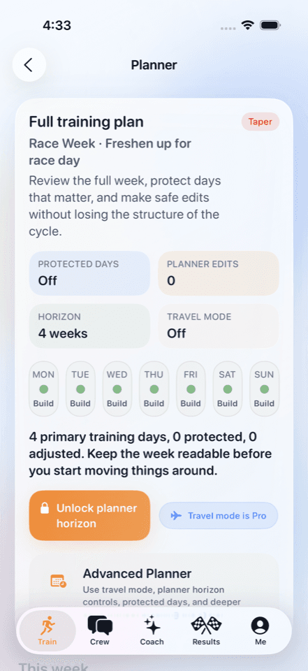 RaceReady planner overview screen.
