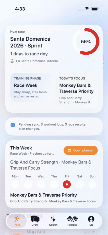 RaceReady train home screen.