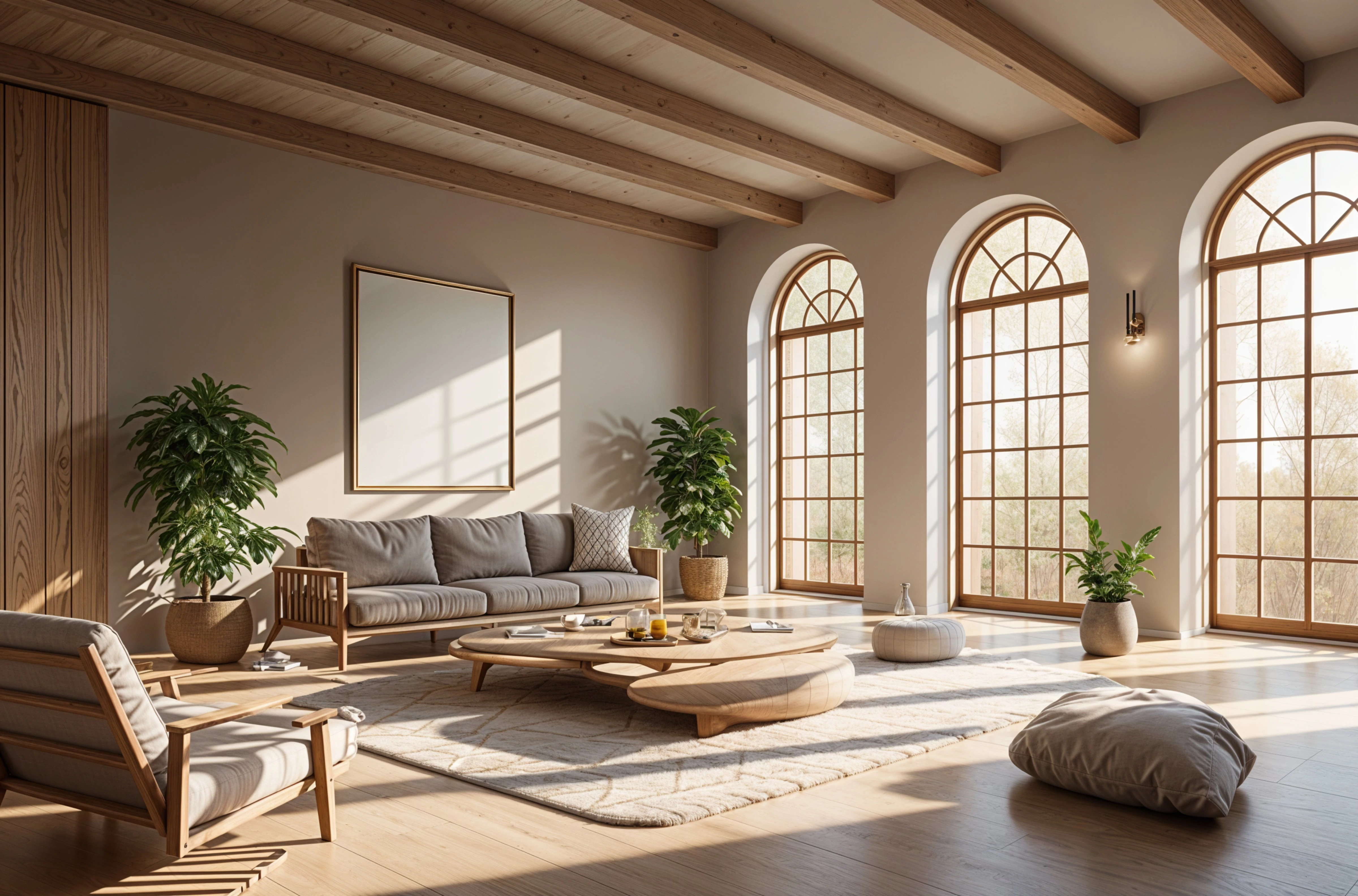 The same living room after: warm modern, with a low sofa, a round coffee table, plants and a wool rug