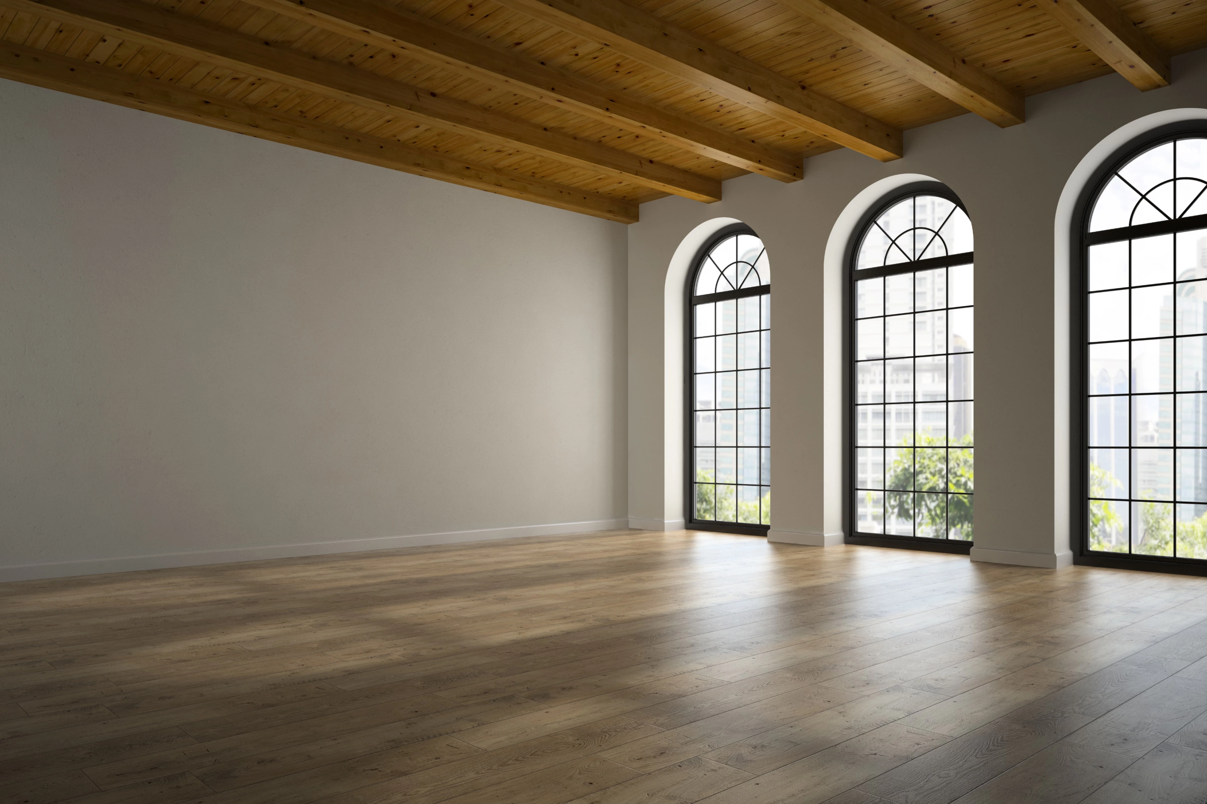 Living room before: an empty loft with white walls, arched windows and a timber ceiling